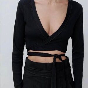 Black Zara Ribbed Wrap Long Sleeve Crop Top Size L